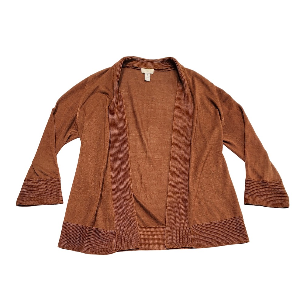 Chico's 100% Silk Open Front Cardigan Ribbed Trim Rust Brown Womens Size 1 M